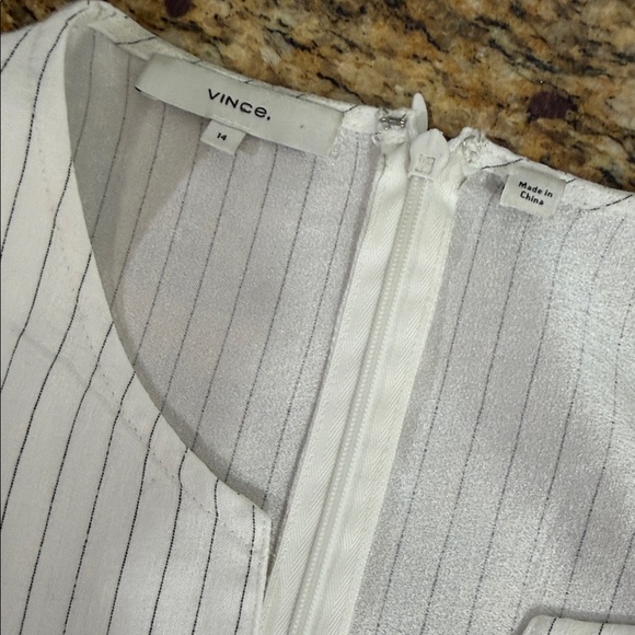 Vince Pinstripe Linen Blend Midi Dress Self Belt Pockets Slit Front Size 14 - Picture 11 of 15